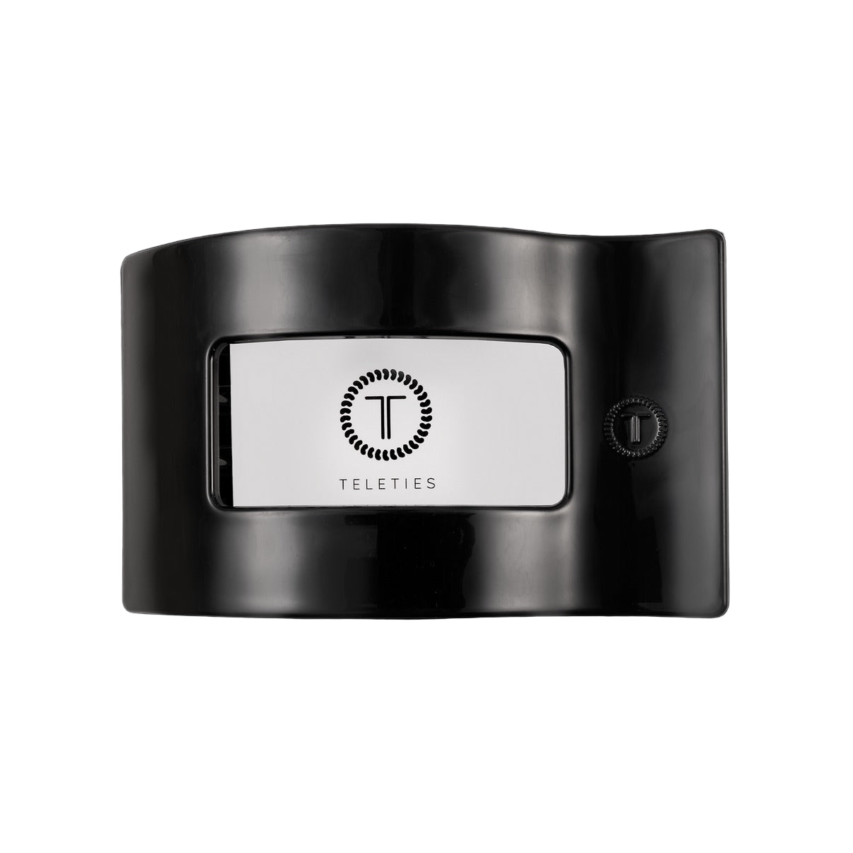 Black hair clip with a visible brand logo on a white background