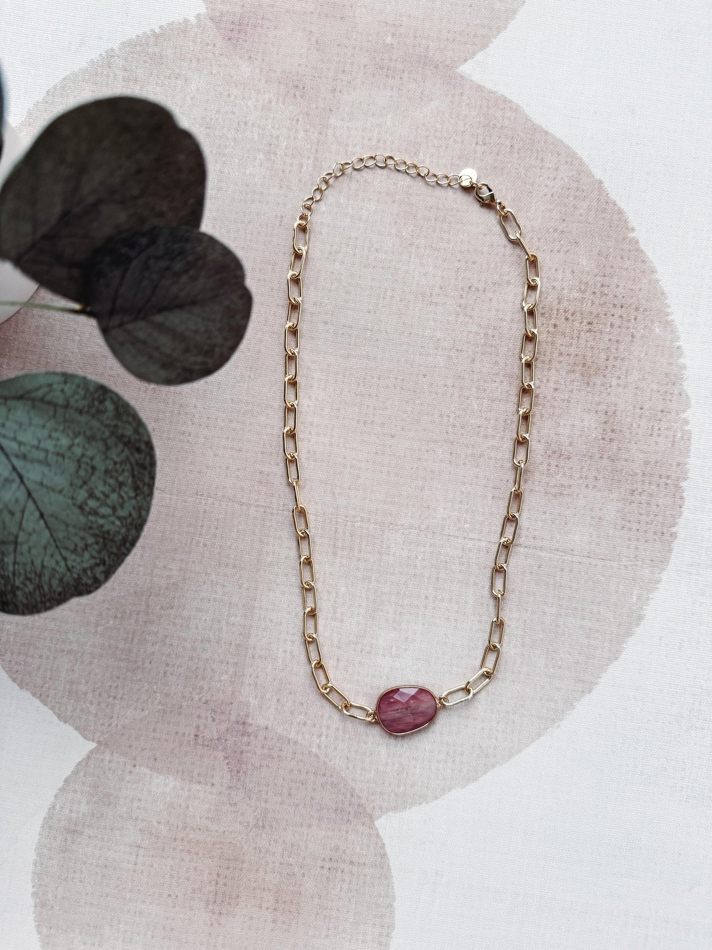 Necklace with a pink heart-shaped pendant on a floral background