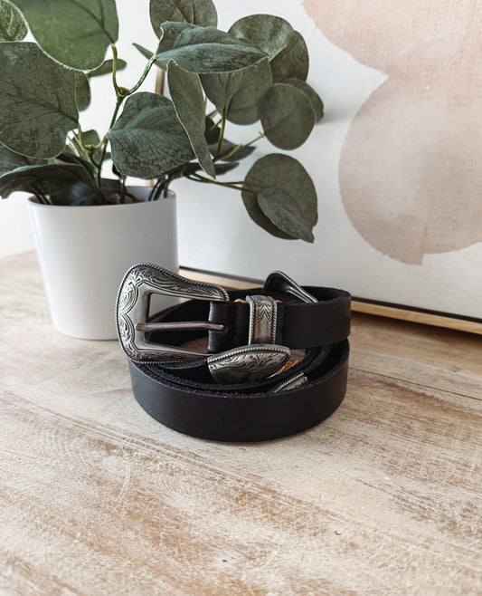 Black belt with silver buckle on a wooden surface next to a potted plant