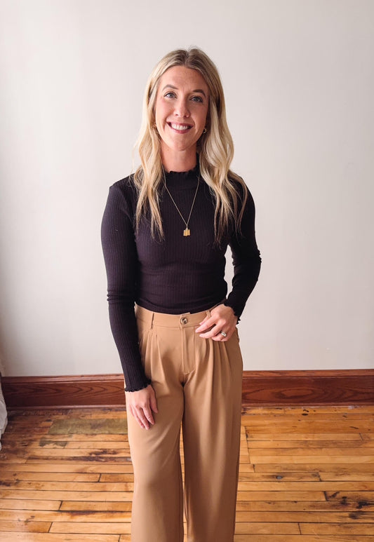 Black Mock Neck Ribbed Top