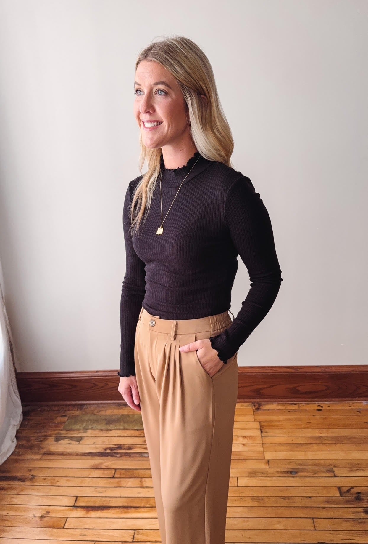 Black Mock Neck Ribbed Top