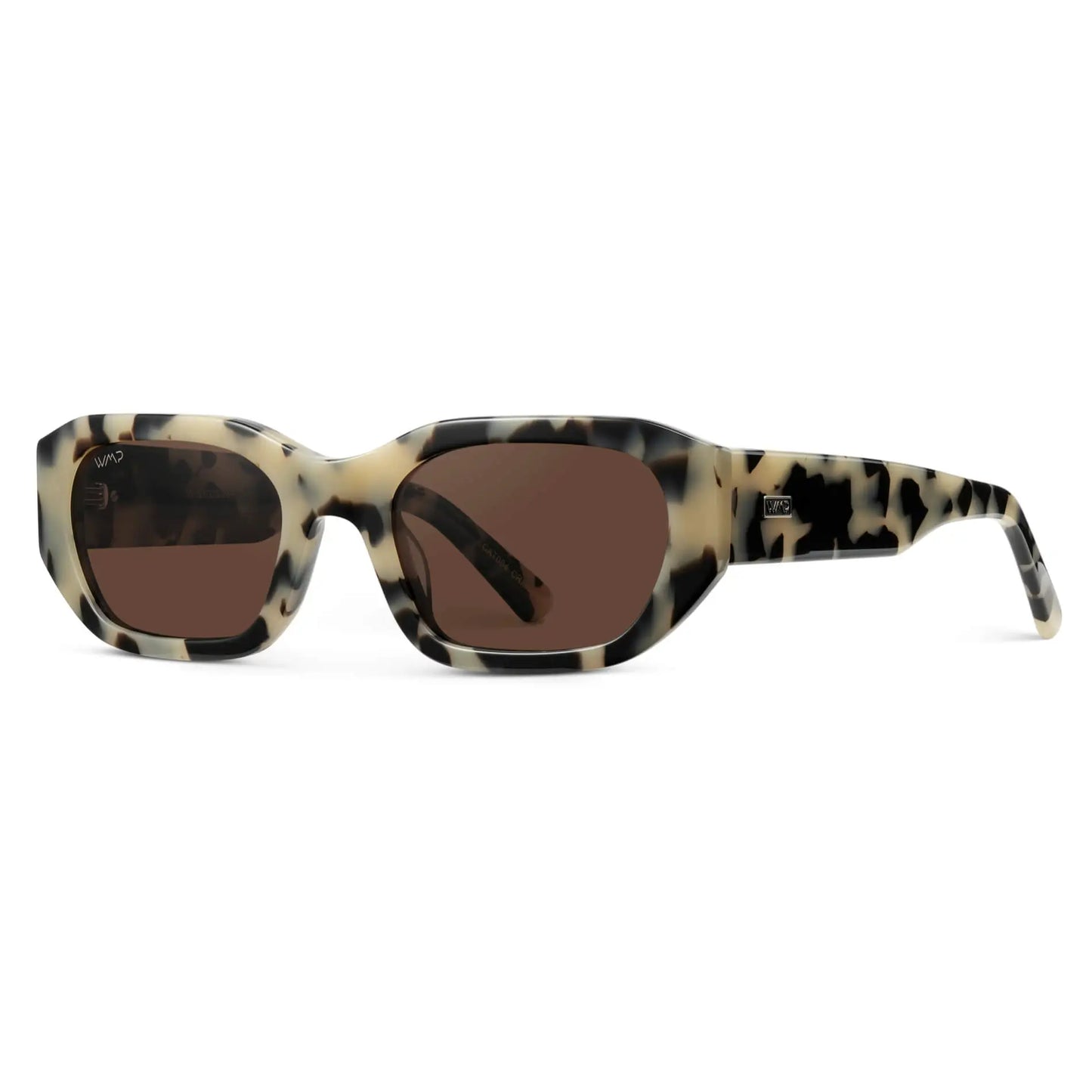 Sunglasses with tortoiseshell frame and brown lenses on a white background
