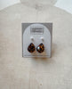 Teardrop-shaped tortoiseshell earrings on a 'Urban Threads' branded card against a beige background.