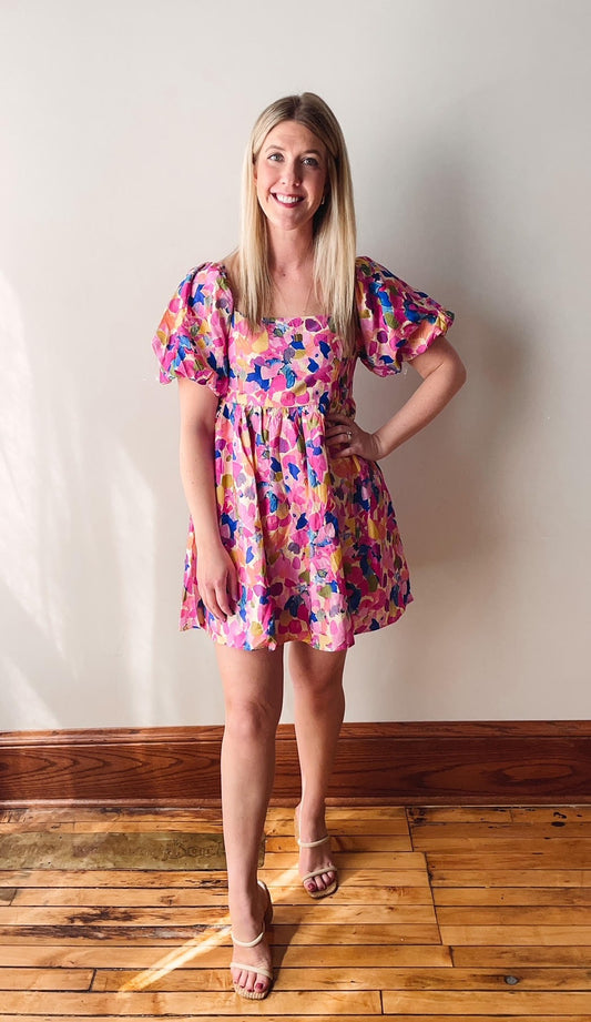 Multi Color Short Balloon Sleeve Dress