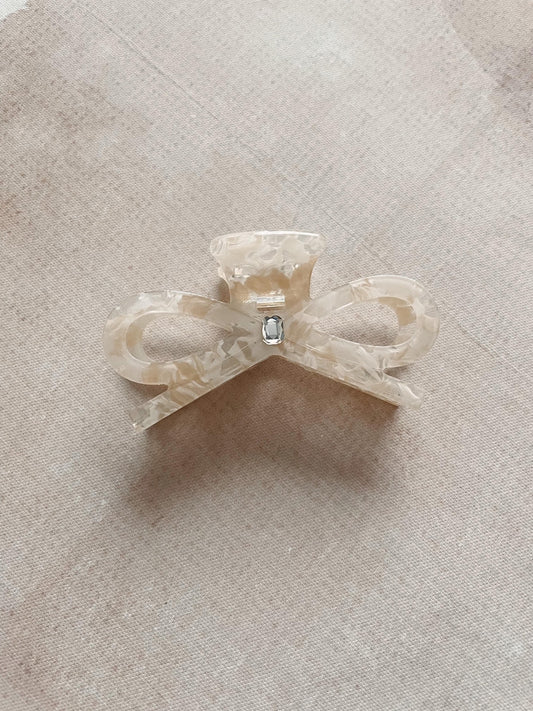 Off White Bow Rhinestone Hair Clip