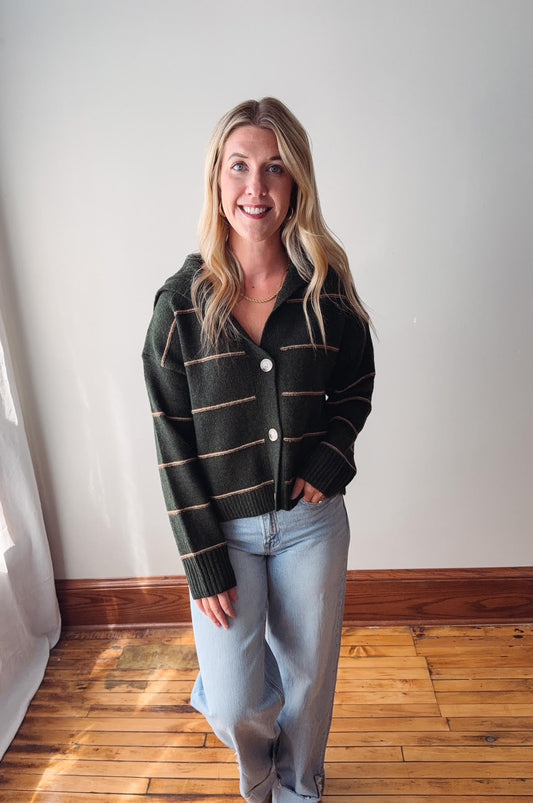 Olive Button-Up Striped Collared Cardigan