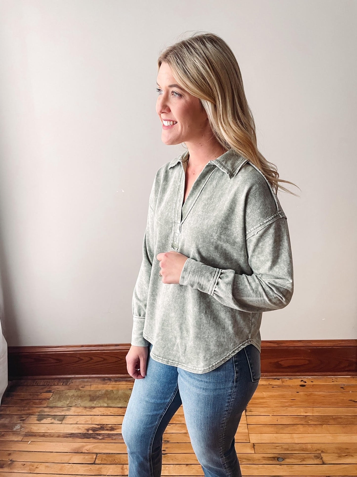 Olive Washed Collared Causal Top