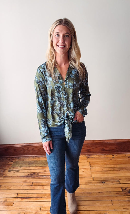 Olive Front Tie Satin Top