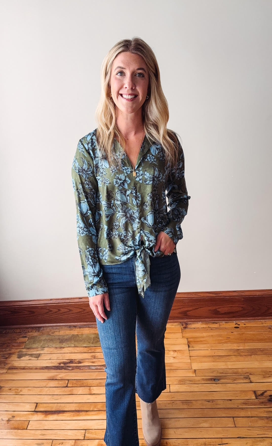 Olive Front Tie Satin Top