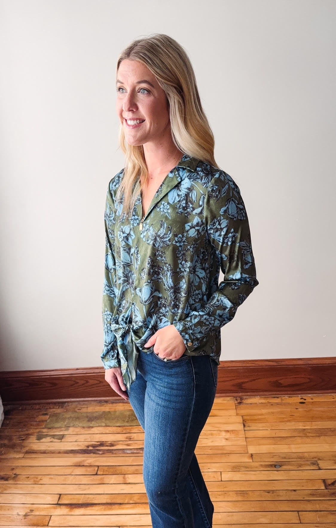 Olive Front Tie Satin Top