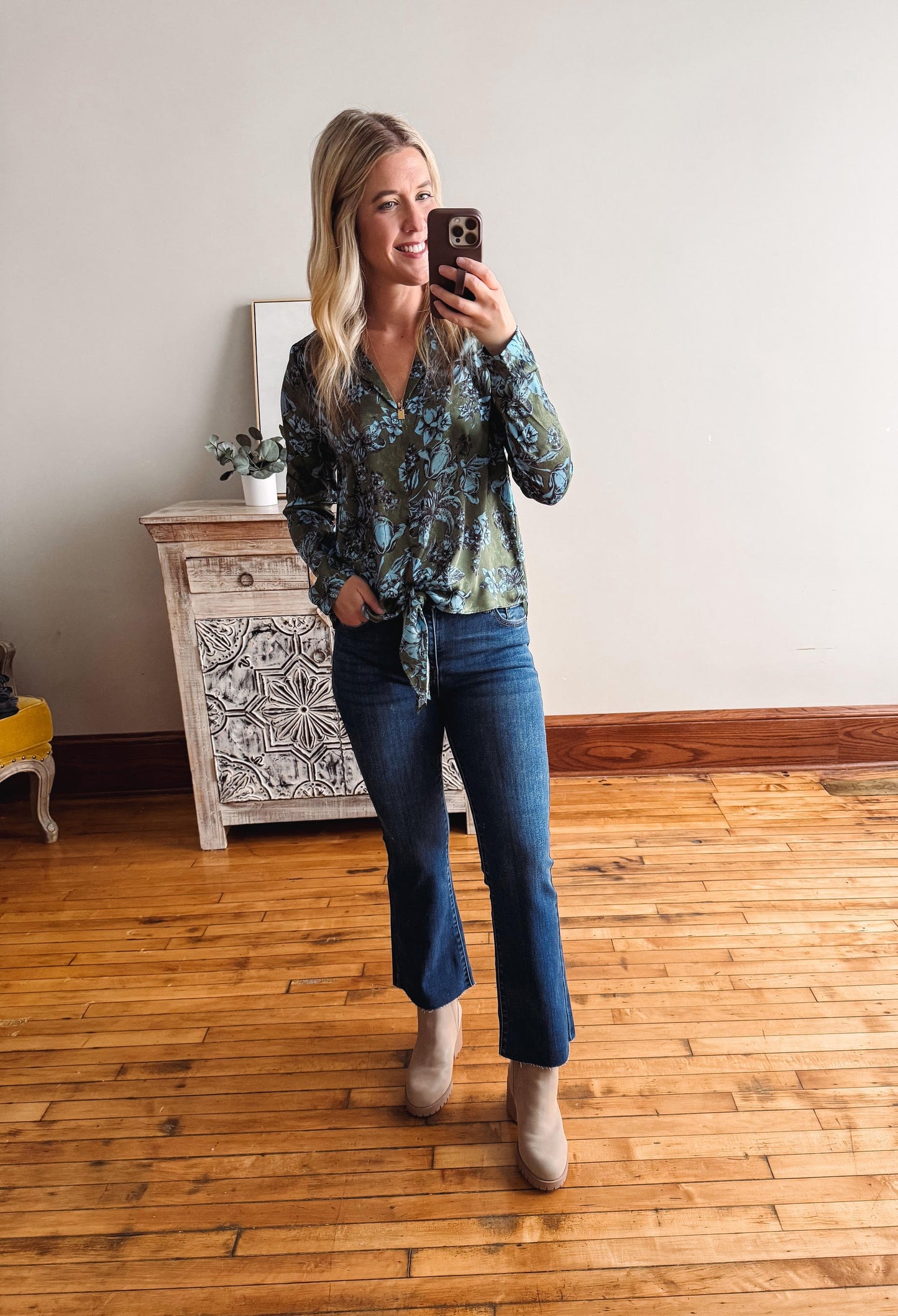 Olive Front Tie Satin Top