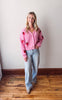 Pink Strawberry Embroidered Cropped Cardigan