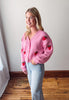 Pink Strawberry Embroidered Cropped Cardigan