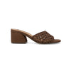 Brown woven sandal with a block heel on a white background