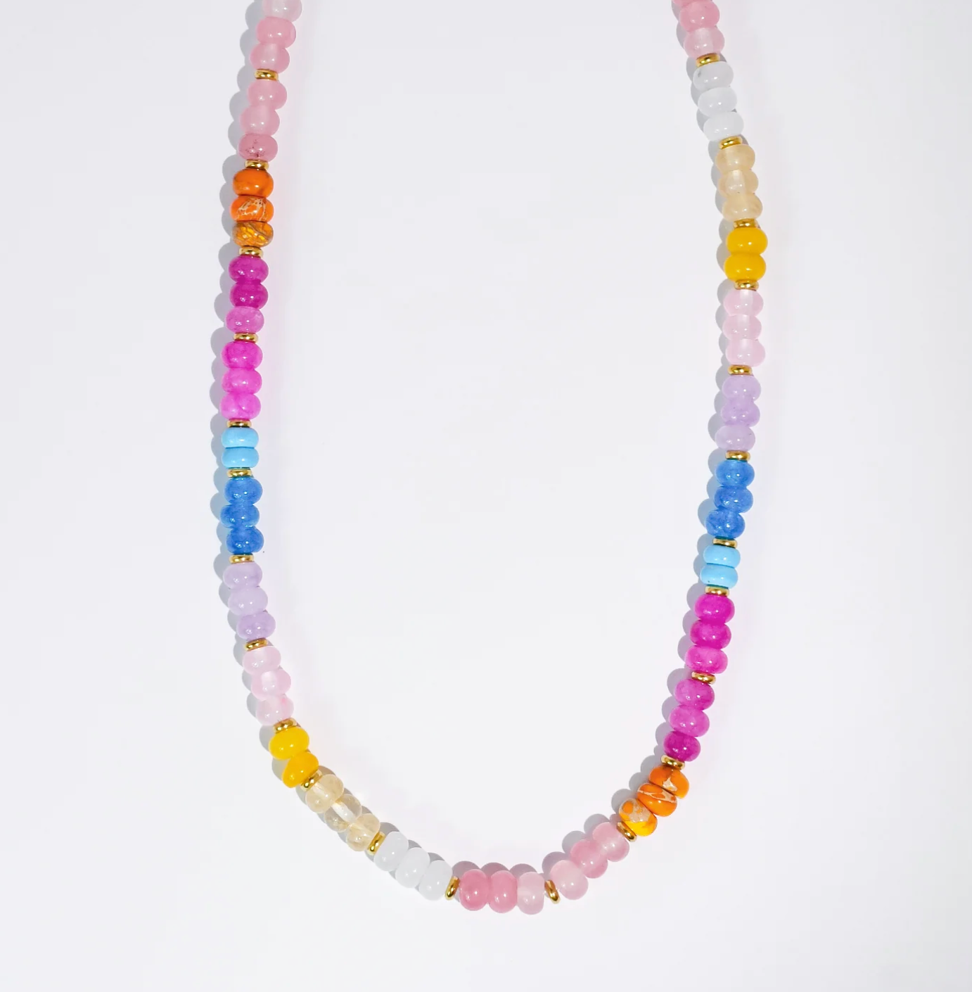 Colorful beaded necklace on a white background