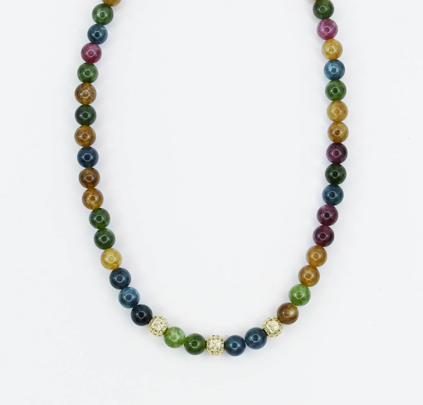 Multicolored beaded necklace on a white background