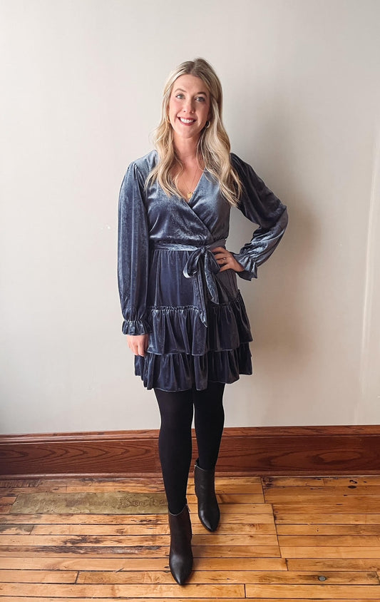 Slate Blue Velvet Ruffle Dress