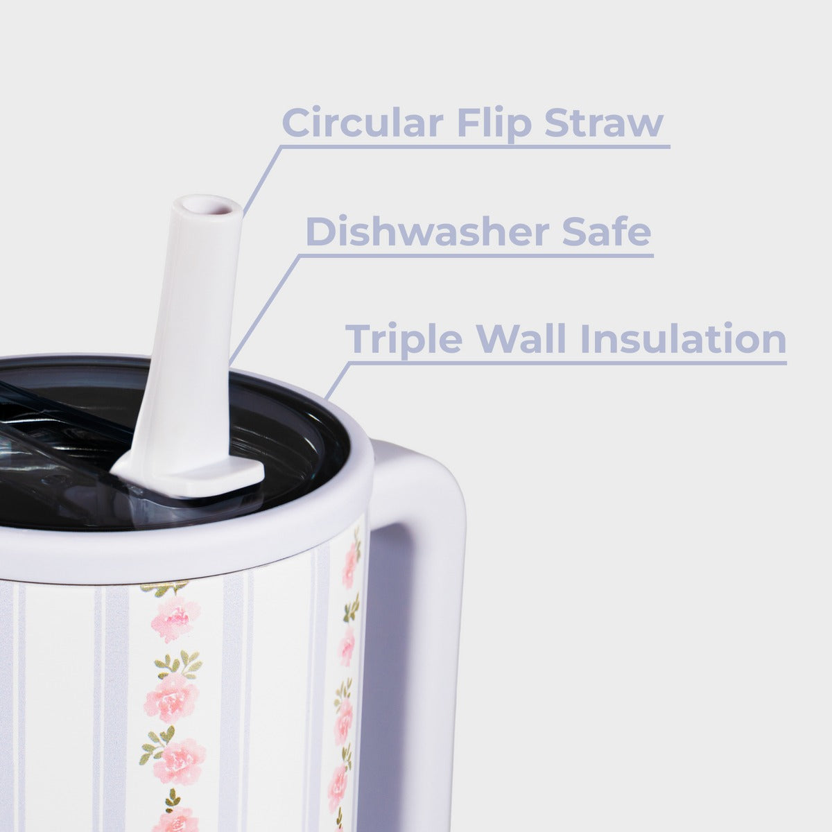 Insulated tumbler with floral design, circular flip straw, dishwasher safe, and triple wall insulation features.