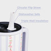 Insulated tumbler with floral design, circular flip straw, dishwasher safe, and triple wall insulation features.