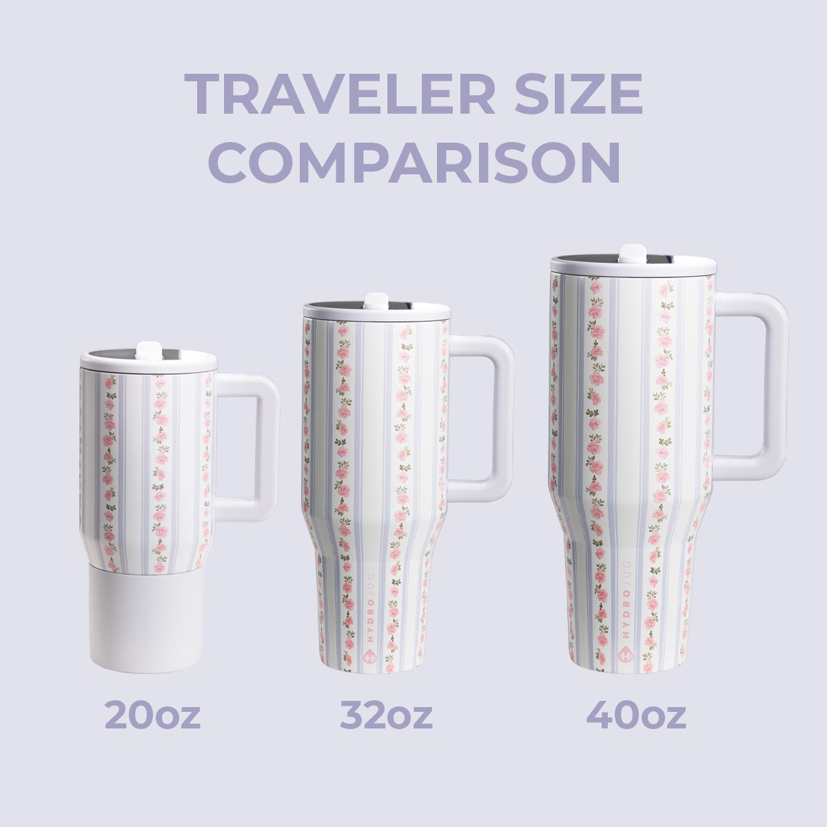 Three travel mugs with different capacities labeled on a light purple background.