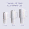 Three travel mugs with different capacities labeled on a light purple background.