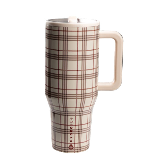 Plaid-patterned mug with a handle on a white background