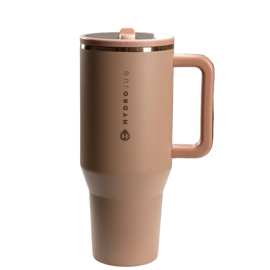 Brown HydroJug mug with handle on a white background