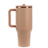 Beige travel mug with a copper handle on a white background