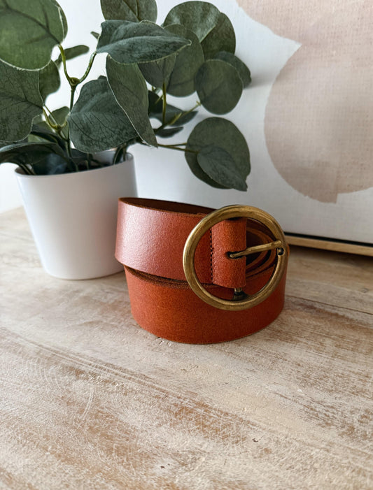 Brown leather belt with gold buckle on a wooden surface next to a plant and decorative item.