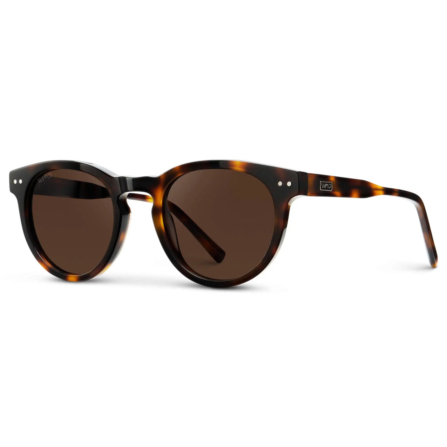 Sunglasses with tortoiseshell frame and brown lenses on a white background