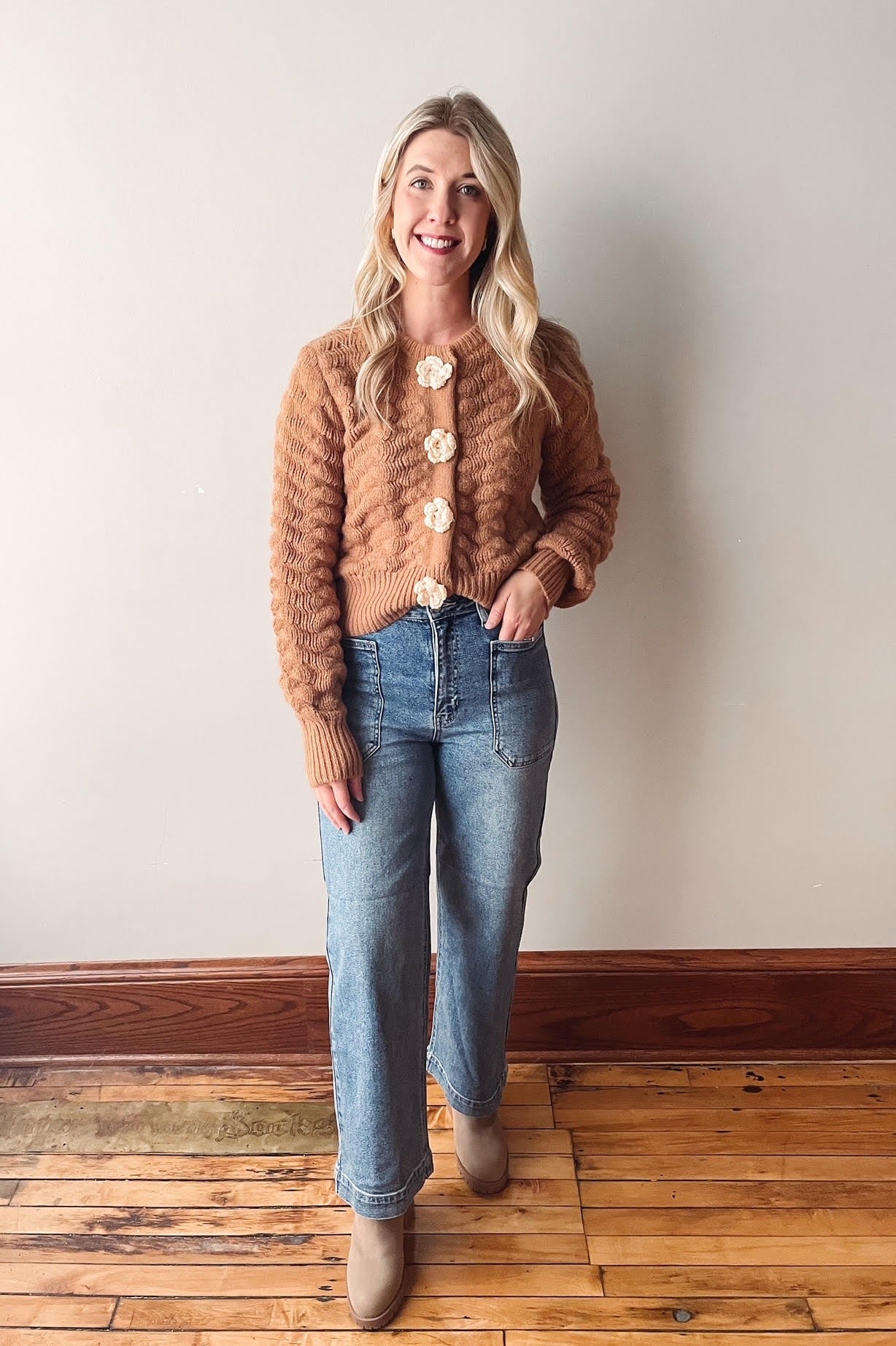 Taupe Flower Button Cardigan