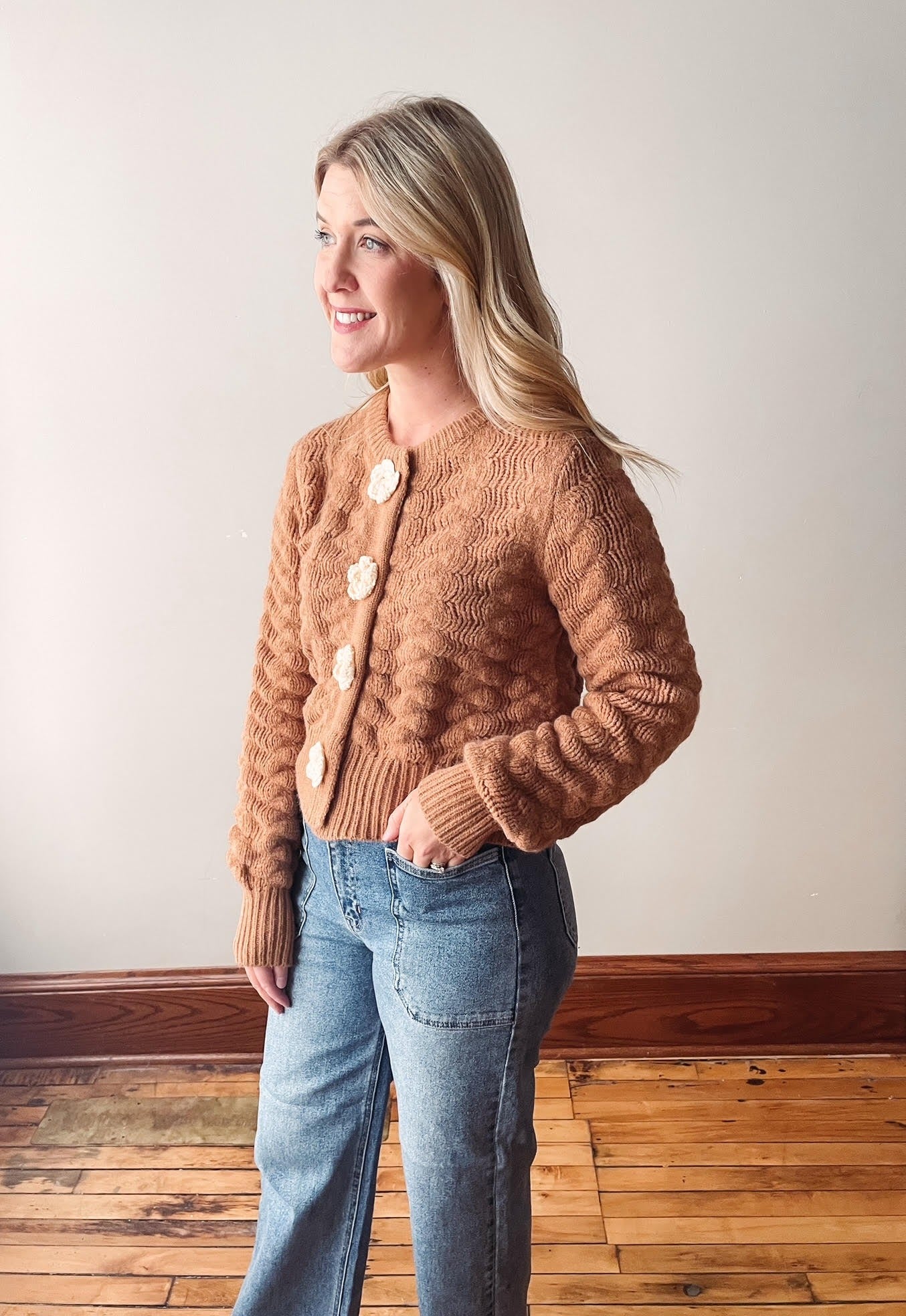 Taupe Flower Button Cardigan