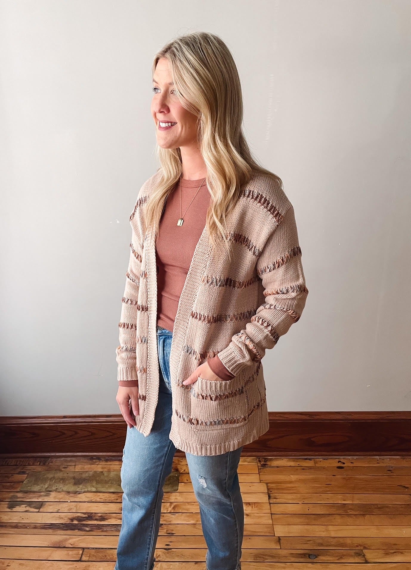 Taupe Multi Color Stitch Cardigan