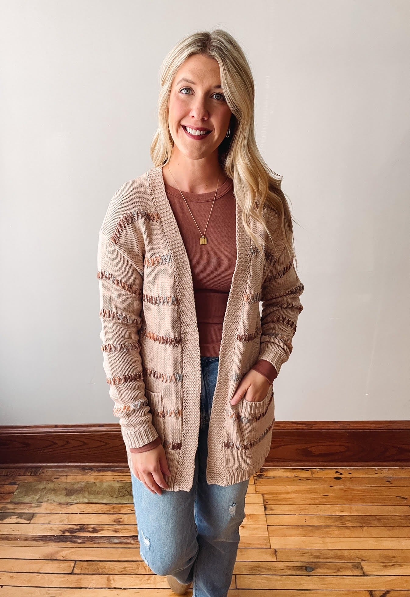 Taupe Multi Color Stitch Cardigan