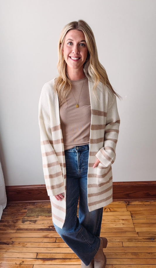 Taupe Striped Knit Open Cardigan