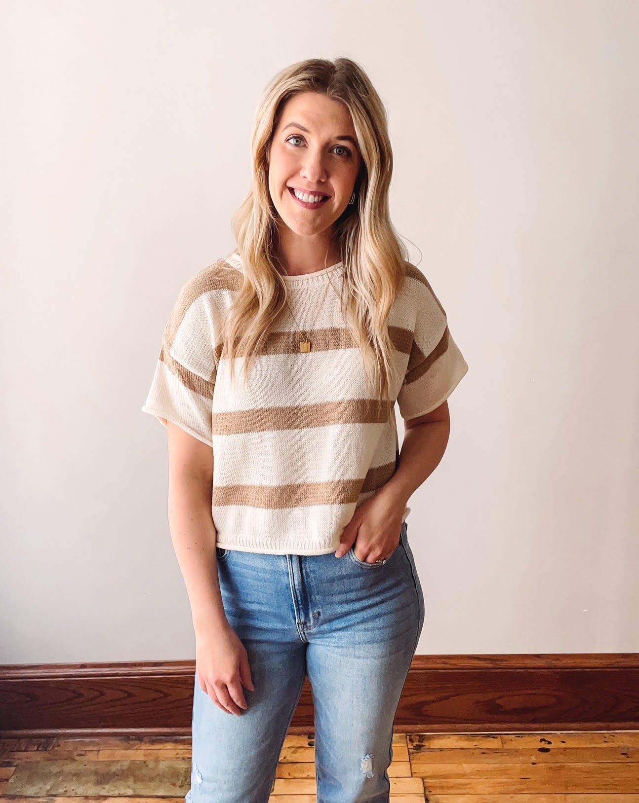 Taupe Striped Short Sleeve Sweater