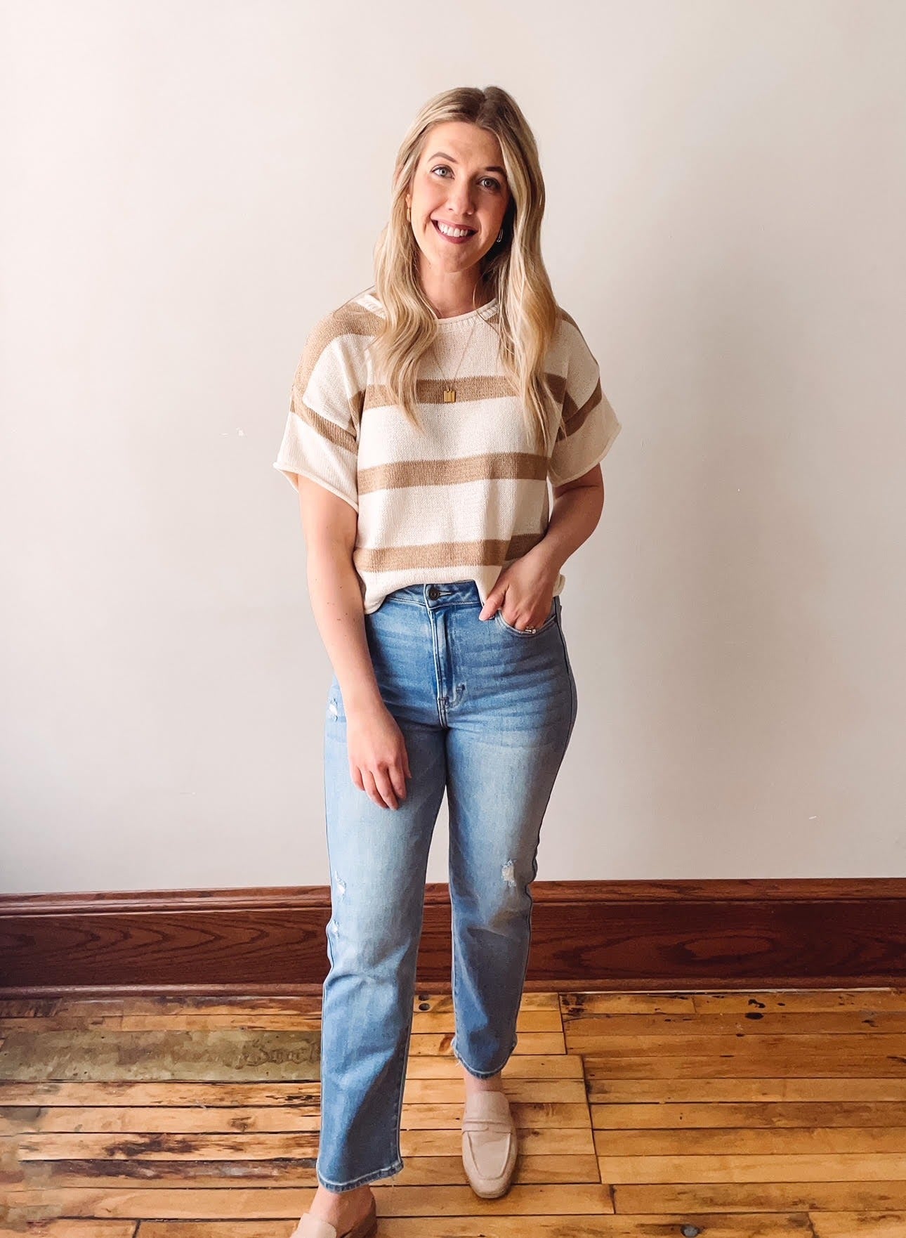 Taupe Striped Short Sleeve Sweater