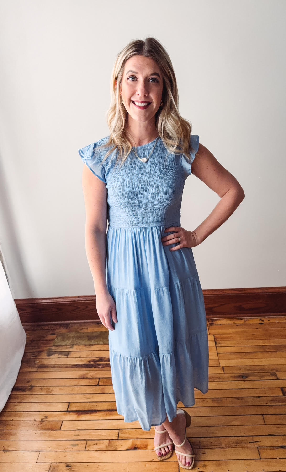 chambray tiered midi dress Chambray Smocked Tiered Midi Dress