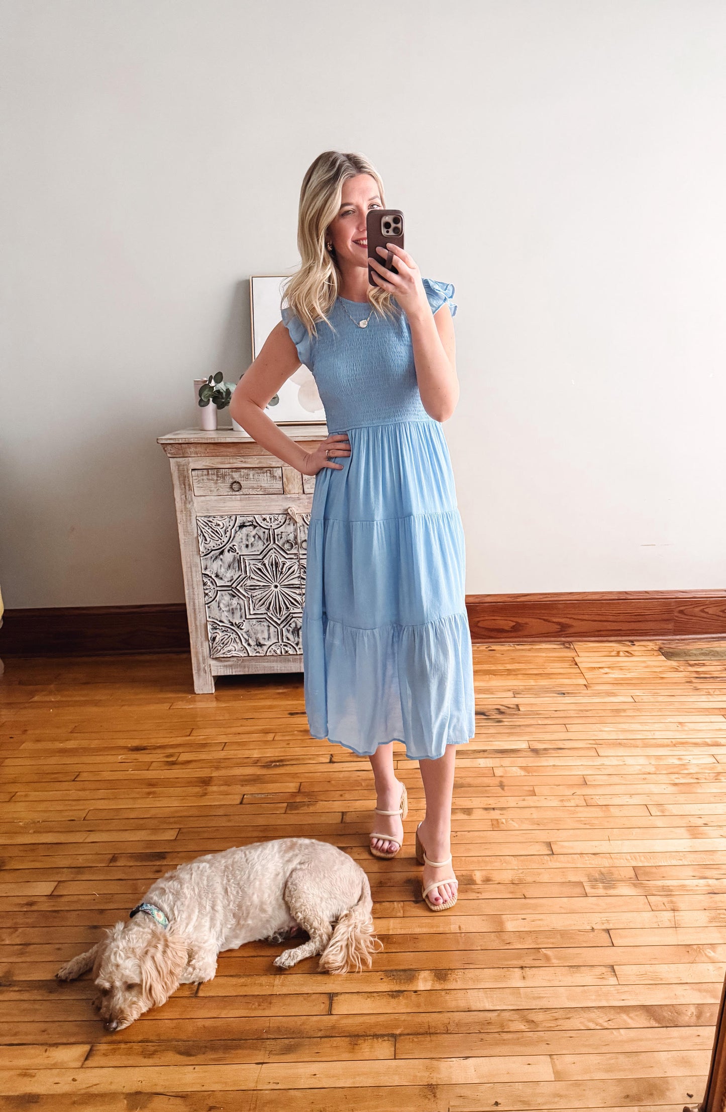 Woman in a light blue dress taking a mirror selfie with a dog on the floor.