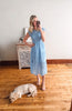 Woman in a light blue dress taking a mirror selfie with a dog on the floor.