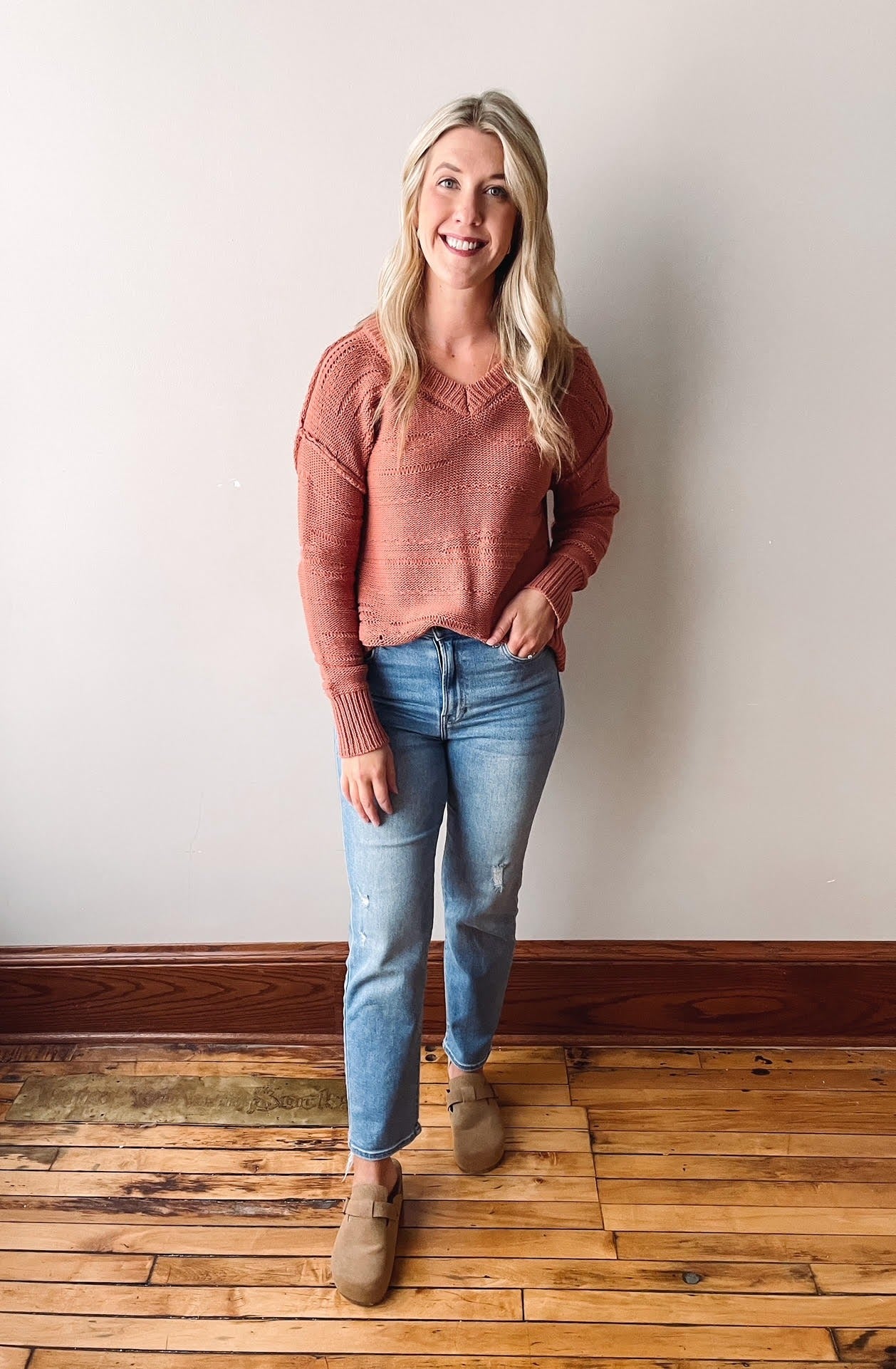 Terracotta V-Neck Textured Sweater