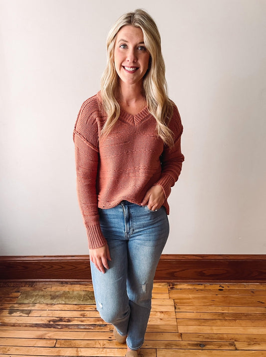 Terracotta V-Neck Textured Sweater