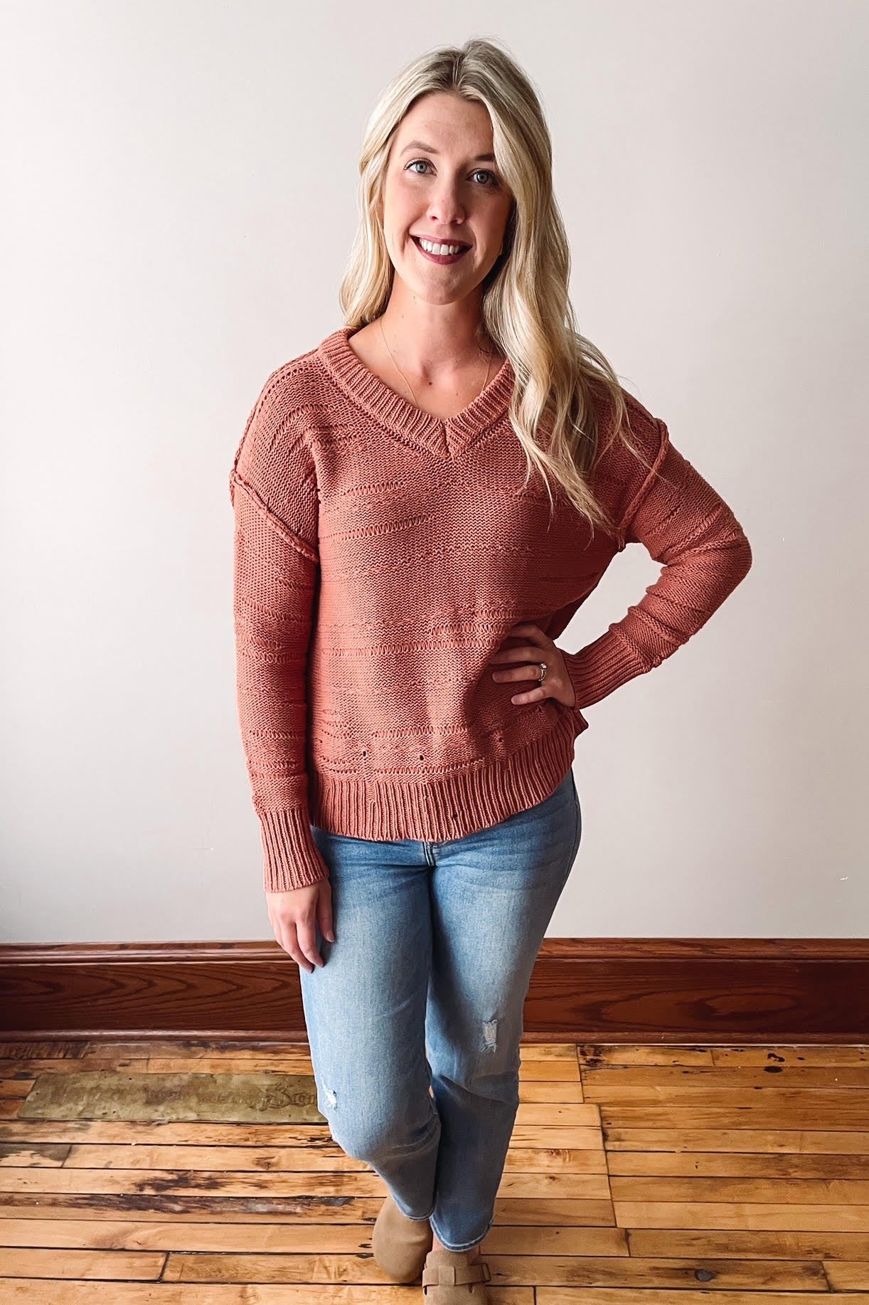 Terracotta V-Neck Textured Sweater