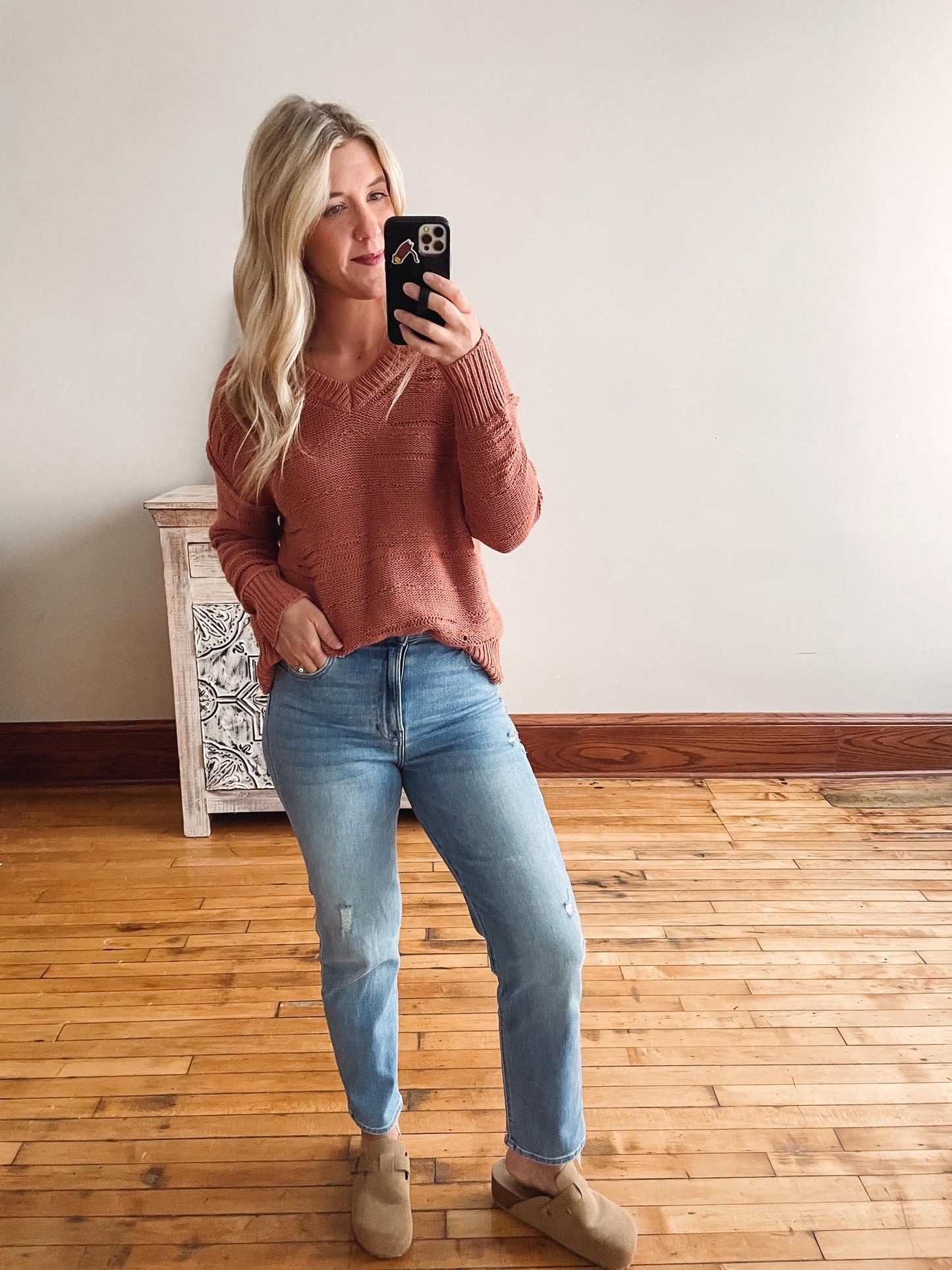 Terracotta V-Neck Textured Sweater