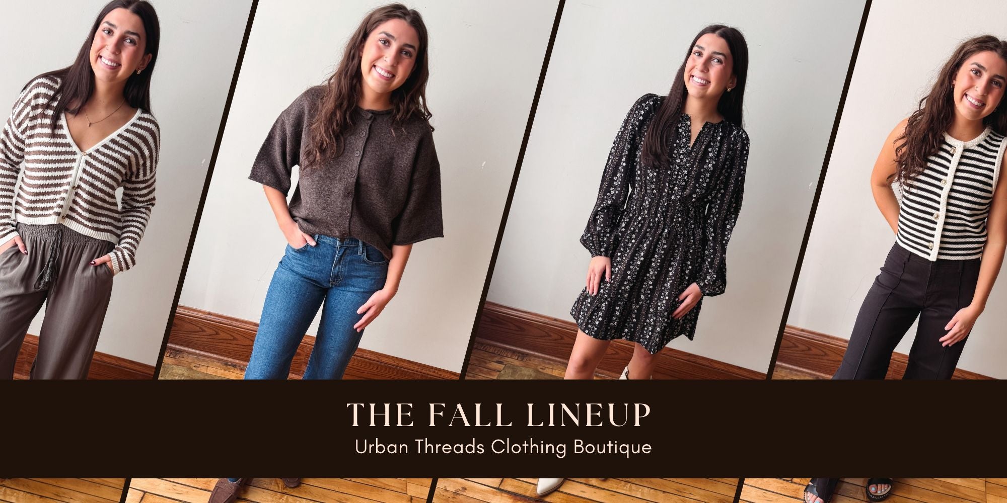 Women's fall outfits with denim jacket, striped sweater and olive + denim pants.
