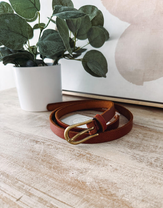 Brown leather belt with gold buckle on a wooden surface next to a potted plant.