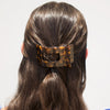 Person with tortoiseshell hair clip in their hair on a white background
