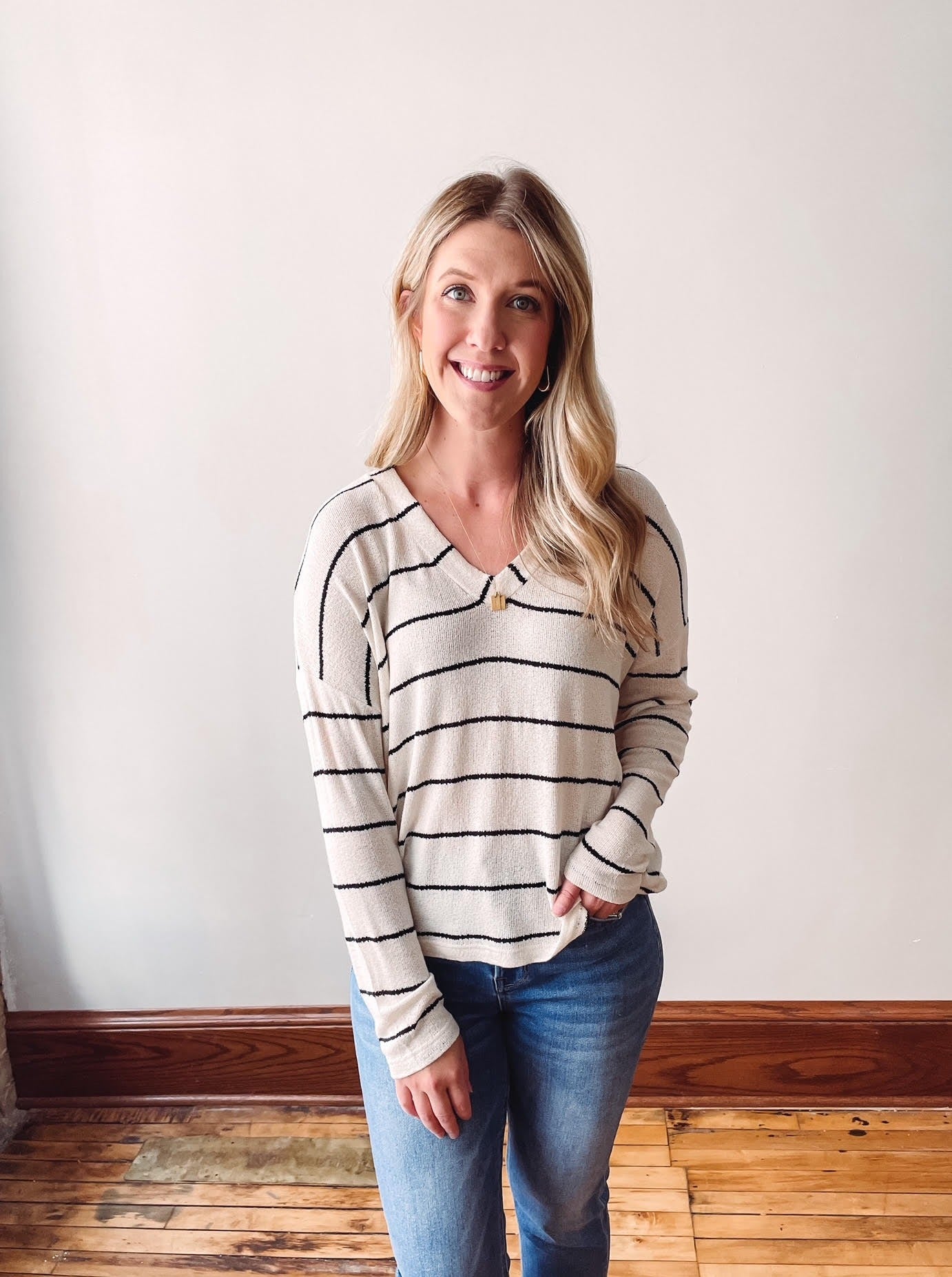 V Neck Striped Long Sleeve Top