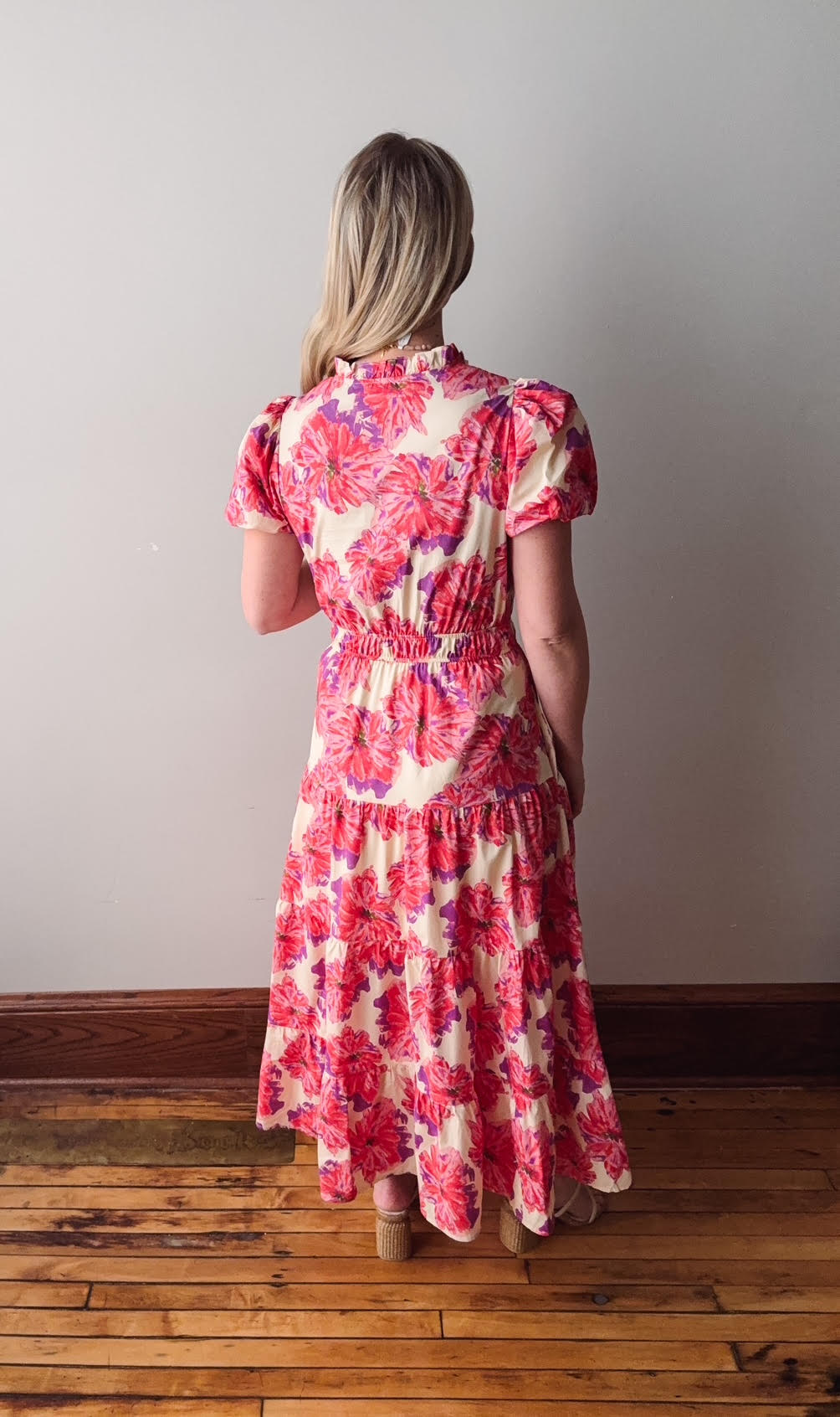 zara pink tiered dress Zara Bohemian Oversized Geo Midi Ruffled Print Cotton Salmon Tiered Dress sz M