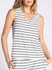 Woman wearing a sleeveless striped top on a white background